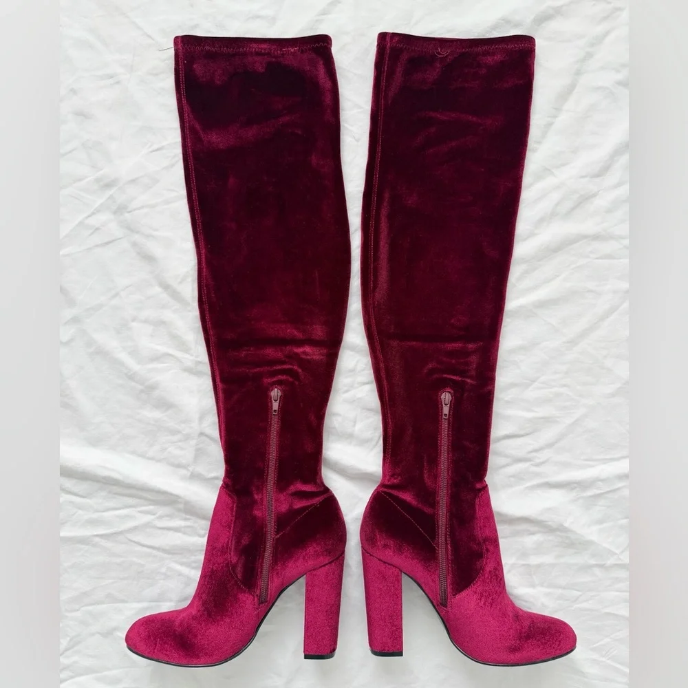 Chinese Laundry Red Wine Brenda Velvet Over The Knee Boots | Burgundy | Size 6